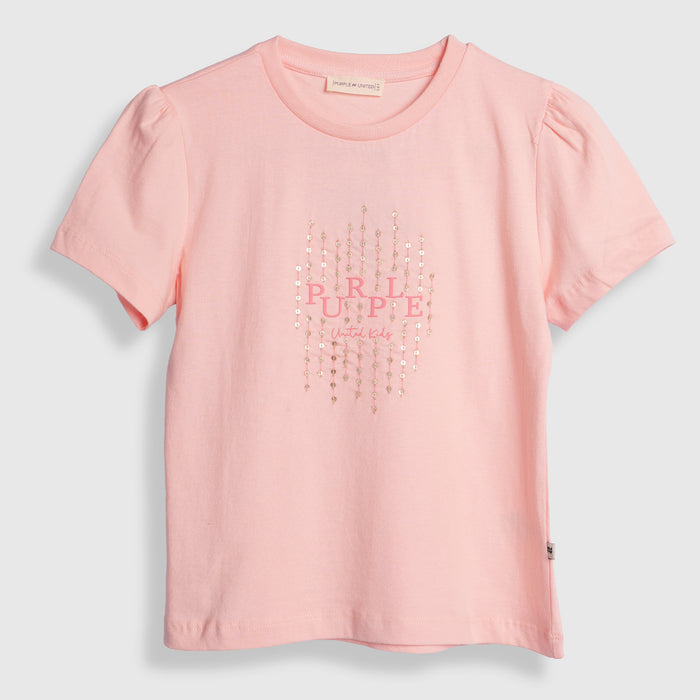 Kids Girls Tshirt in Peach with Short Sleeves, Round Neck & Soft Cotton Comfort Fit