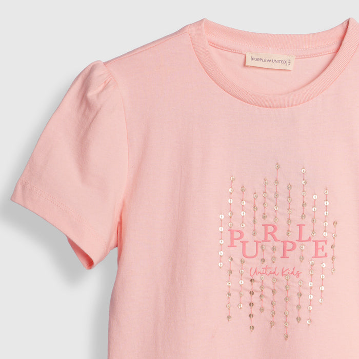 Kids Girls Tshirt in Peach with Short Sleeves, Round Neck & Soft Cotton Comfort Fit