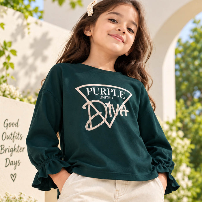 Kids Girls Tshirt in Teal with Embellished Graphic Detail, Full Sleeves & Ruffle Cuffs