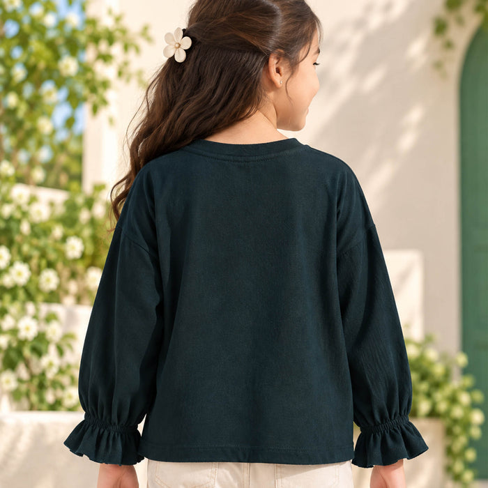 Kids Girls Tshirt in Teal with Embellished Graphic Detail, Full Sleeves & Ruffle Cuffs