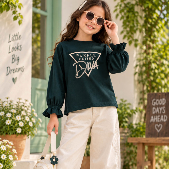 Kids Girls Tshirt in Teal with Embellished Graphic Detail, Full Sleeves & Ruffle Cuffs