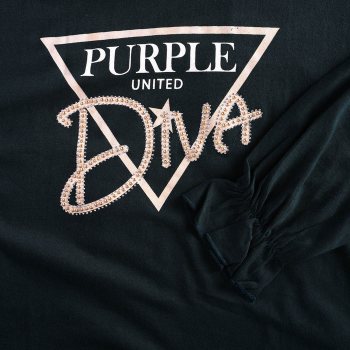 Kids Girls Tshirt in Teal with Embellished Graphic Detail, Full Sleeves & Ruffle Cuffs