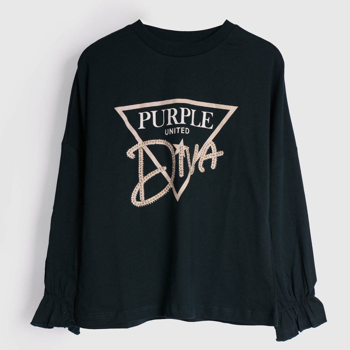 Kids Girls Tshirt in Teal with Embellished Graphic Detail, Full Sleeves & Ruffle Cuffs