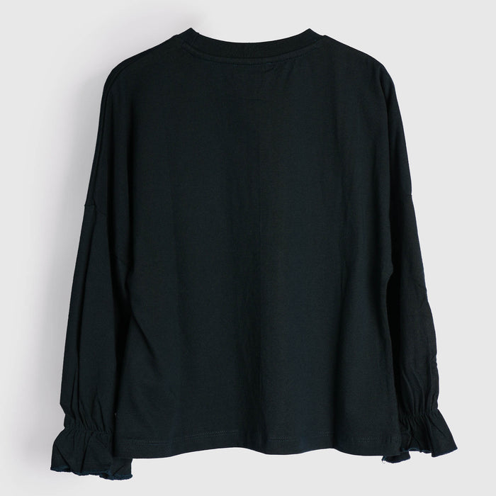 Kids Girls Tshirt in Teal with Embellished Graphic Detail, Full Sleeves & Ruffle Cuffs