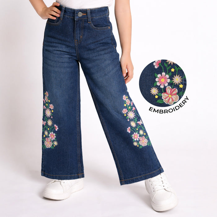 Kids Girls Wide Leg Jeans with Floral Embroidery, Comfortable Denim & High Waist Baggy Fit