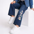 Kids Girls Wide Leg Jeans with Floral Embroidery, Comfortable Denim & High Waist Baggy Fit