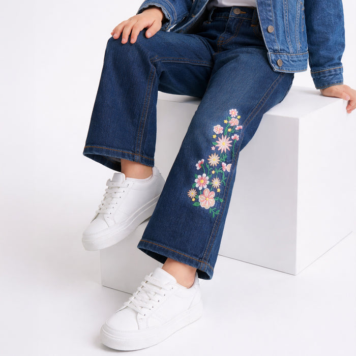 Kids Girls Wide Leg Jeans with Floral Embroidery, Comfortable Denim & High Waist Baggy Fit