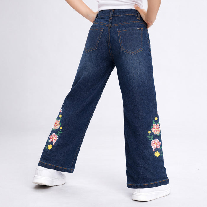 Kids Girls Wide Leg Jeans with Floral Embroidery, Comfortable Denim & High Waist Baggy Fit