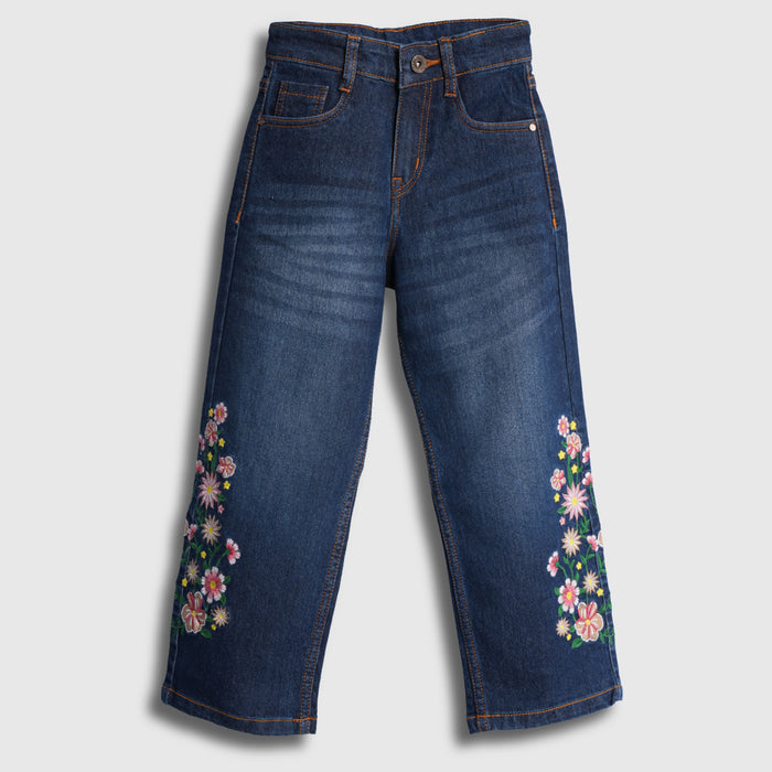 Kids Girls Wide Leg Jeans with Floral Embroidery, Comfortable Denim & High Waist Baggy Fit