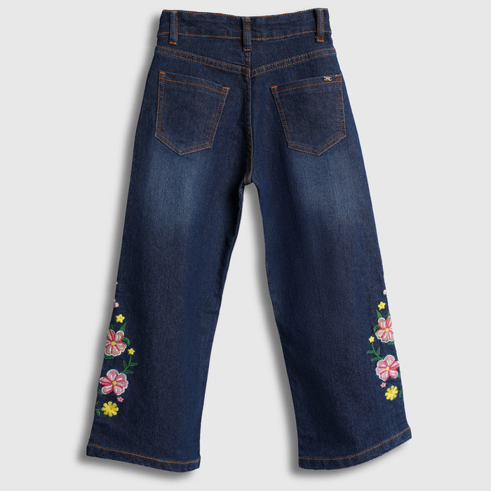 Kids Girls Wide Leg Jeans with Floral Embroidery, Comfortable Denim & High Waist Baggy Fit