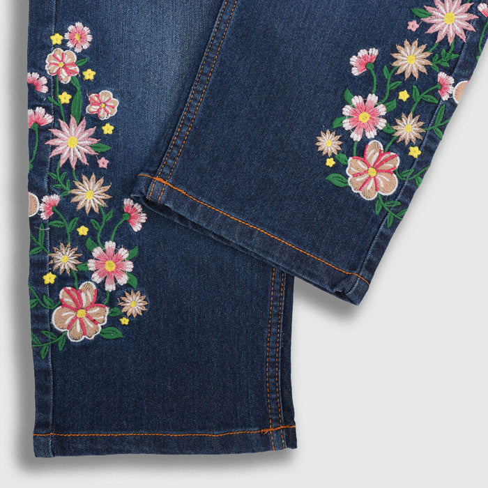 Kids Girls Wide Leg Jeans with Floral Embroidery, Comfortable Denim & High Waist Baggy Fit