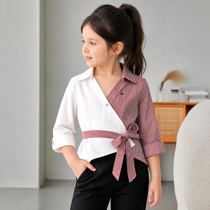 Kids Girls Wrap Top in Maroon White with Striped Panel, Snap Button & Premium Soft Cotton
