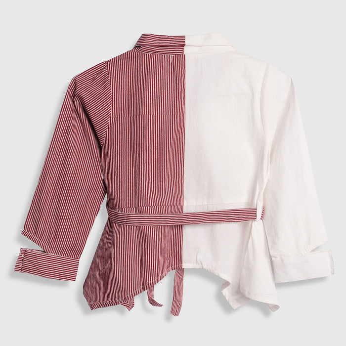 Kids Girls Wrap Top in Maroon White with Striped Panel, Snap Button & Premium Soft Cotton