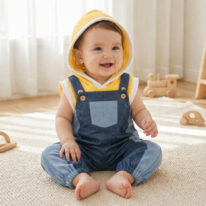 Kids Infant Dungaree in Dual-Tone with Hooded Tshirt, Contrast Panels & Elastic Hem Comfort Fit