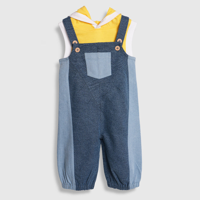 Kids Infant Dungaree in Dual-Tone with Hooded Tshirt, Contrast Panels & Elastic Hem Comfort Fit