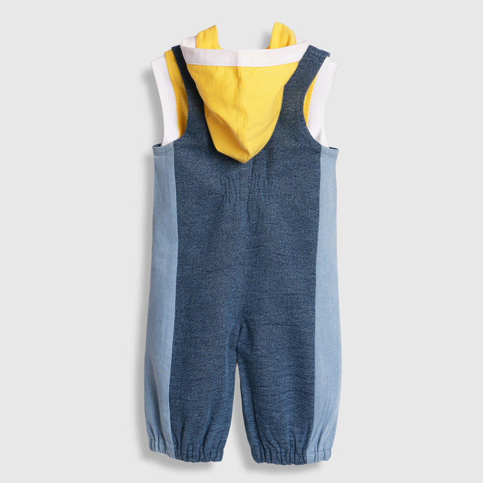 Kids Infant Dungaree in Dual-Tone with Hooded Tshirt, Contrast Panels & Elastic Hem Comfort Fit