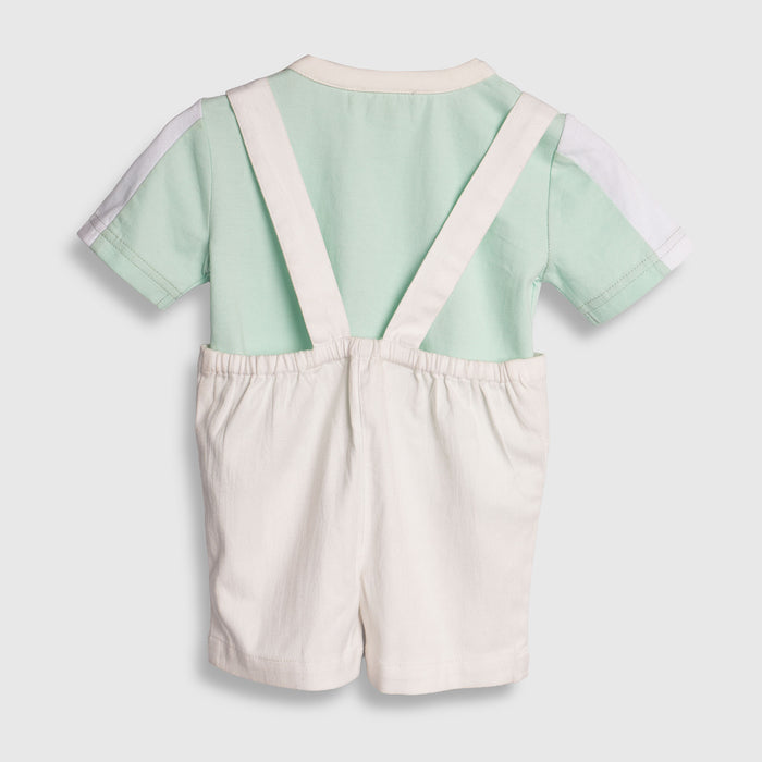 Kids Infant Dungaree in Green & White with Adjustable Straps and Contrast Cotton Tshirt