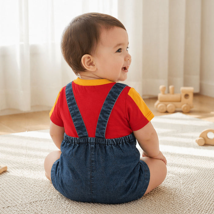 Kids Infant Dungaree in Red & Dark Blue with Adjustable Straps and Contrast Cotton Tshirt
