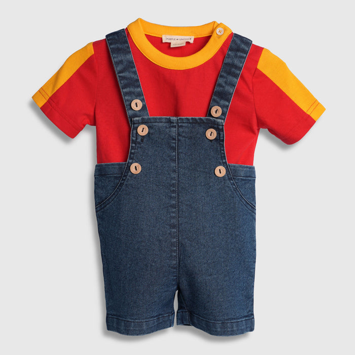 Kids Infant Dungaree in Red & Dark Blue with Adjustable Straps and Contrast Cotton Tshirt