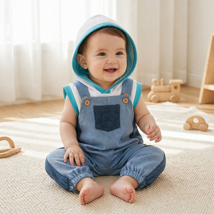Kids Infant Dungaree with Hooded Tshirt, Contrast Panels & Elastic Hem Comfort Fit