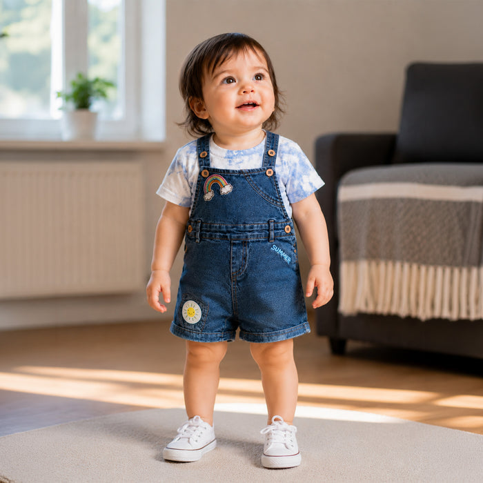 Kids Infants Denim Dungaree in Light Blue Dark Blue with Rainbow Embroidery & Tie-Dye Soft Shirt