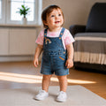 Kids Infants Denim Dungaree in Light Pink Mid Blue with Rainbow Embroidery & Tie-Dye Soft Shirt