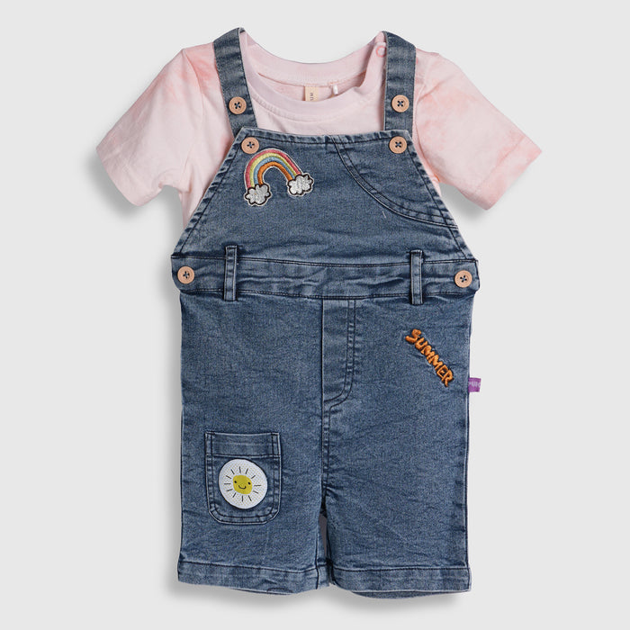 Kids Infants Denim Dungaree in Light Pink Mid Blue with Rainbow Embroidery & Tie-Dye Soft Shirt