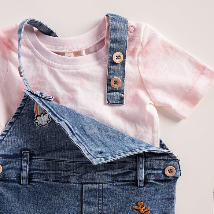 Kids Infants Denim Dungaree in Light Pink Mid Blue with Rainbow Embroidery & Tie-Dye Soft Shirt