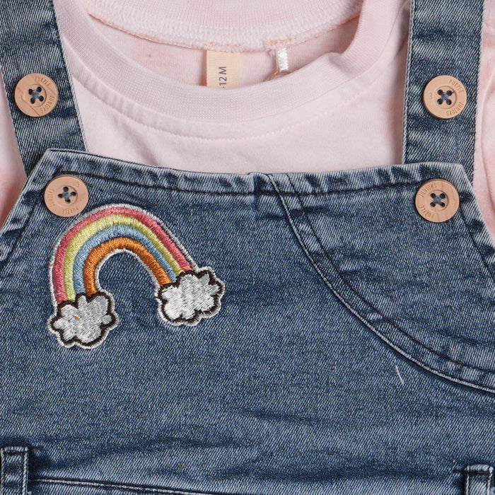 Kids Infants Denim Dungaree in Light Pink Mid Blue with Rainbow Embroidery & Tie-Dye Soft Shirt