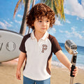 Kids Polo Tshirt in Brown with Colorblock Panels, Half Zip Collar & Soft Fabric Comfort