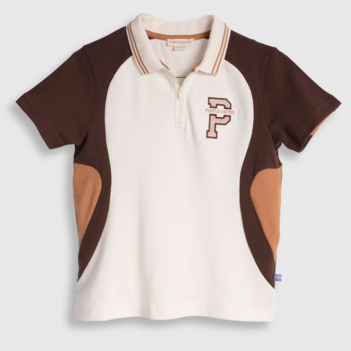 Kids Polo Tshirt in Brown with Colorblock Panels, Half Zip Collar & Soft Fabric Comfort