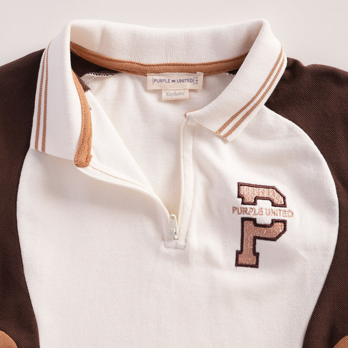 Kids Polo Tshirt in Brown with Colorblock Panels, Half Zip Collar & Soft Fabric Comfort