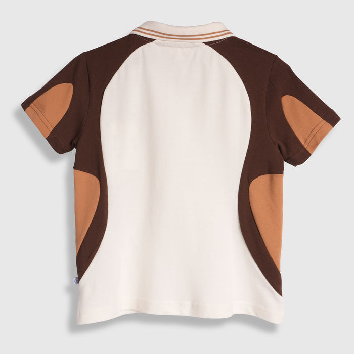 Kids Polo Tshirt in Brown with Colorblock Panels, Half Zip Collar & Soft Fabric Comfort