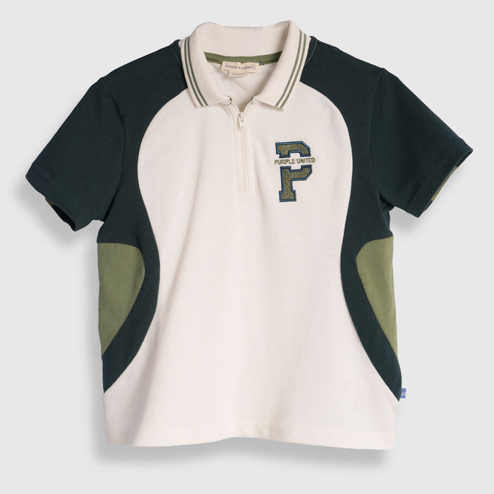 Kids Polo Tshirt in Dark Green with Colorblock Panels, Half Zip Collar & Soft Fabric Comfort
