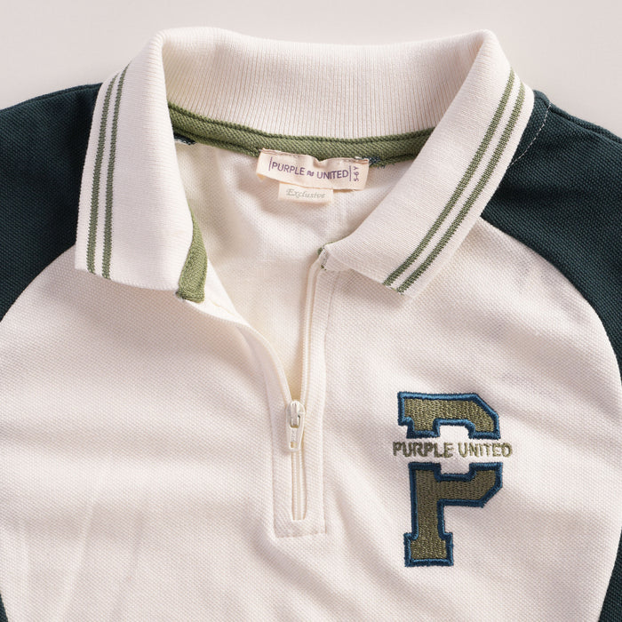 Kids Polo Tshirt in Dark Green with Colorblock Panels, Half Zip Collar & Soft Fabric Comfort