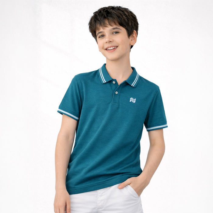 Kids Polo Tshirt in Teal with Tipped Collar, Soft Breathable Fabric & Smart Casual Styling for Boys