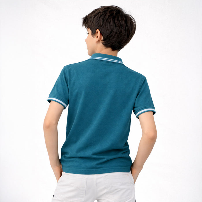 Kids Polo Tshirt in Teal with Tipped Collar, Soft Breathable Fabric & Smart Casual Styling for Boys