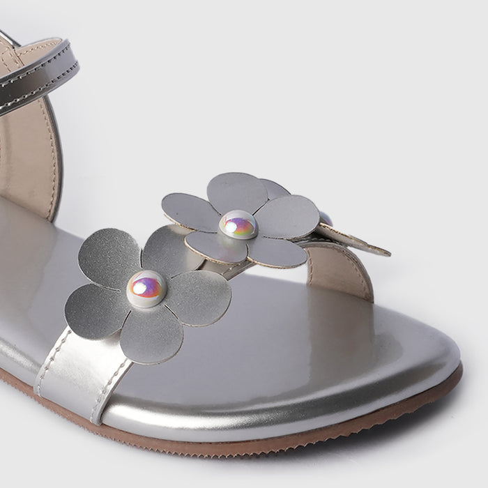 Kids Silver Floral Detail Girls Sandals with Soft Cushion Comfort & Adjustable Strap Fit