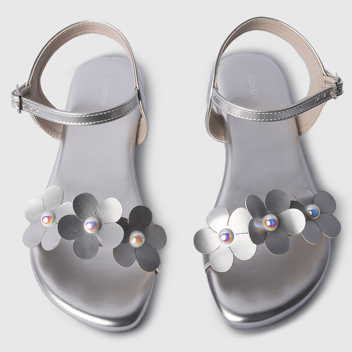 Kids Silver Floral Detail Girls Sandals with Soft Cushion Comfort & Adjustable Strap Fit