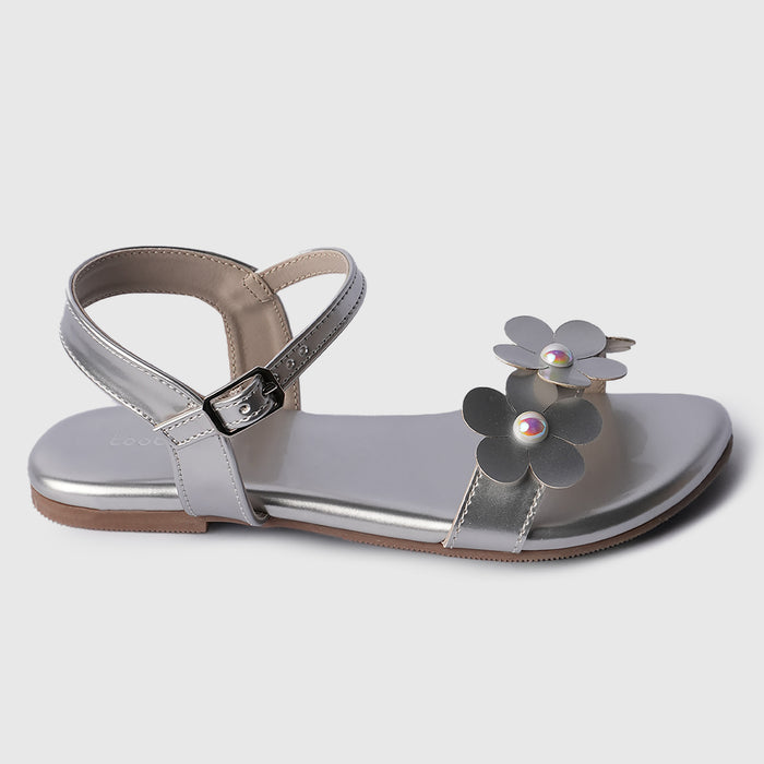 Kids Silver Floral Detail Girls Sandals with Soft Cushion Comfort & Adjustable Strap Fit