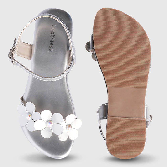Kids Silver Floral Detail Girls Sandals with Soft Cushion Comfort & Adjustable Strap Fit