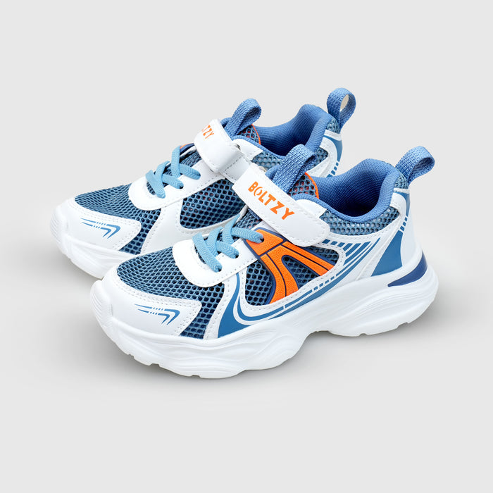 Kids Unisex White & Blue Mesh Sports Sneakers with Velcro Closure