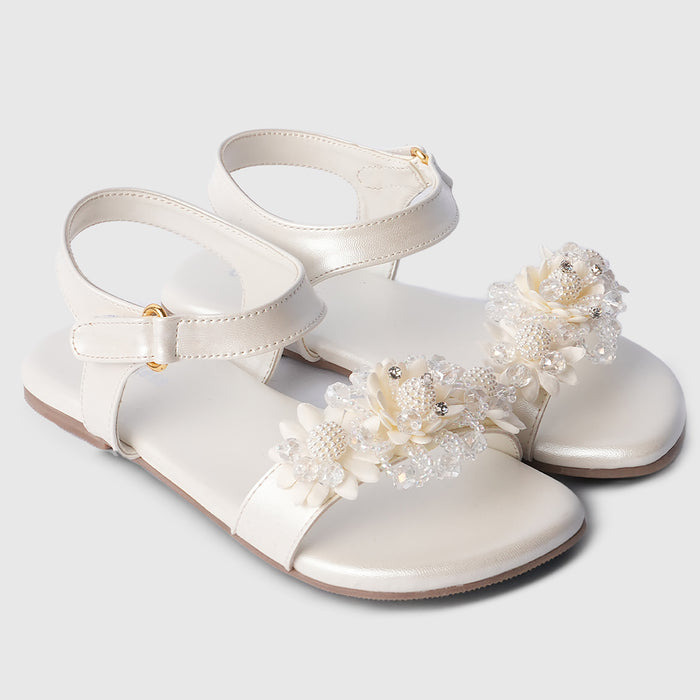 Kids White Floral Strap Girls Sandals with Flexible Sole & Adjustable Fit for Easy Wear