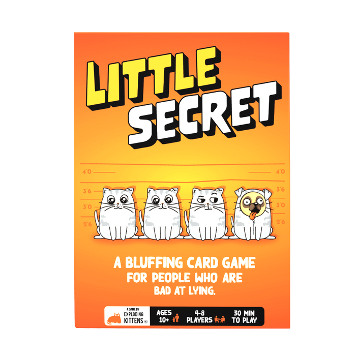 Little Secret box front, orange box with cartoon cats, a bluffing card game