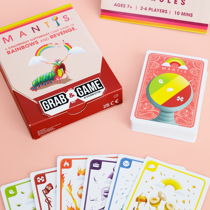 Mantis Grab & Game box with cards and a spinner