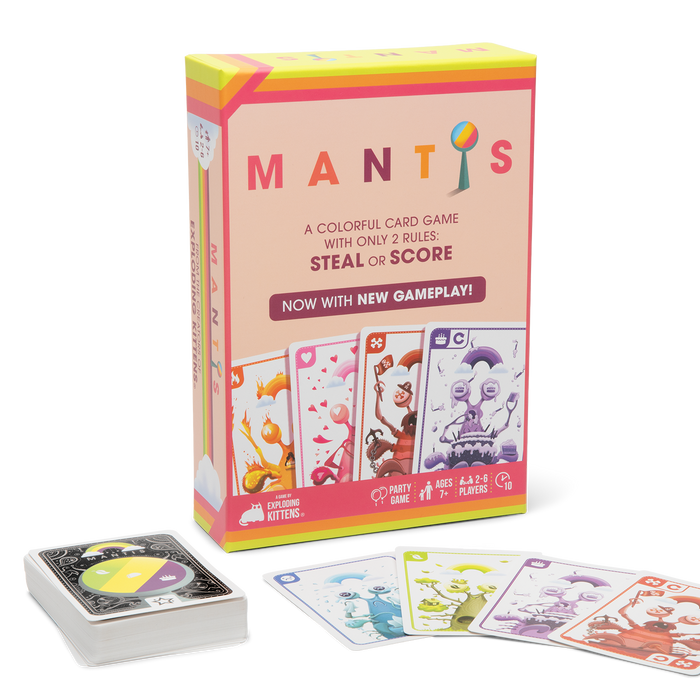 Mantis box at an angle, pink box with a cartoon caterpillar and cards