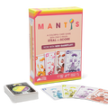 Mantis box at an angle, pink box with a cartoon caterpillar and cards