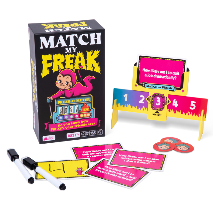 Match My Freak box at an angle, black box with a cartoon monkey