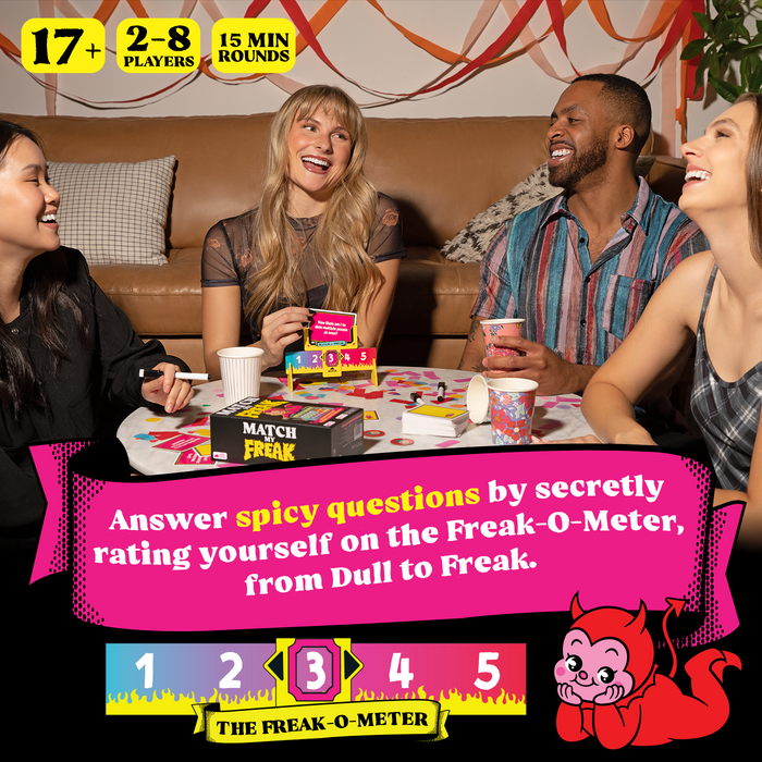 Friends playing Match My Freak, an adult party game with a Freak-O-Meter