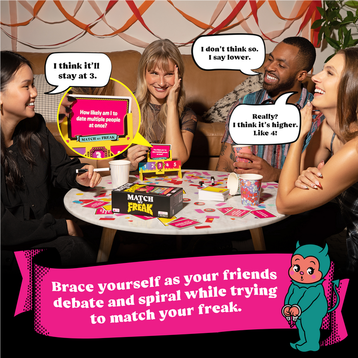 Friends laughing and debating while playing Match My Freak